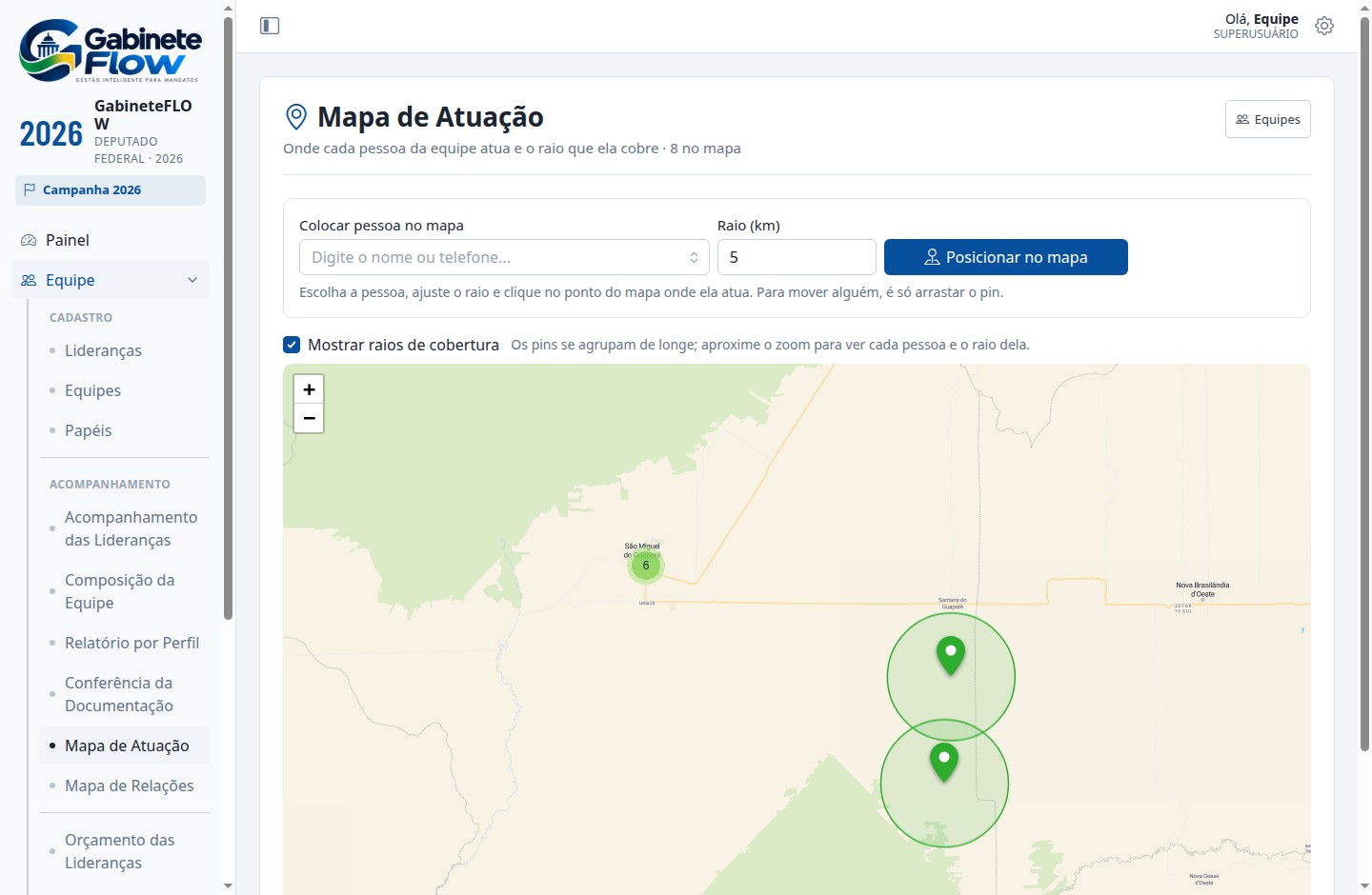 Mapa de atuação mostrando onde cada pessoa da equipe atua e o raio de cobertura